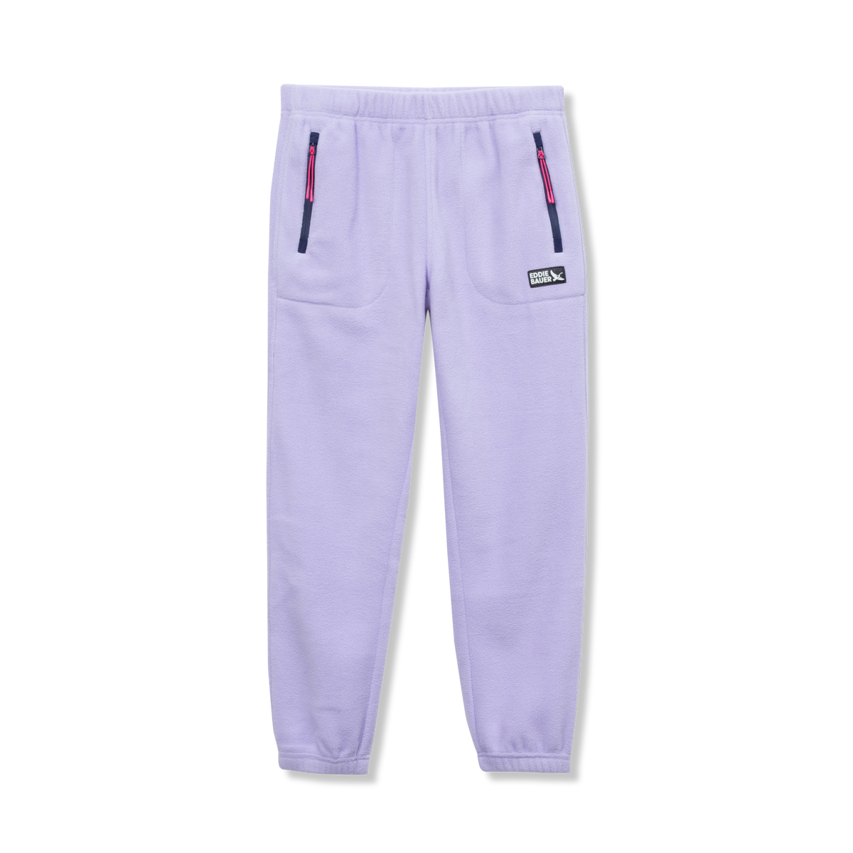 Lavender fleece joggers with zippered side pockets and elastic waistband.