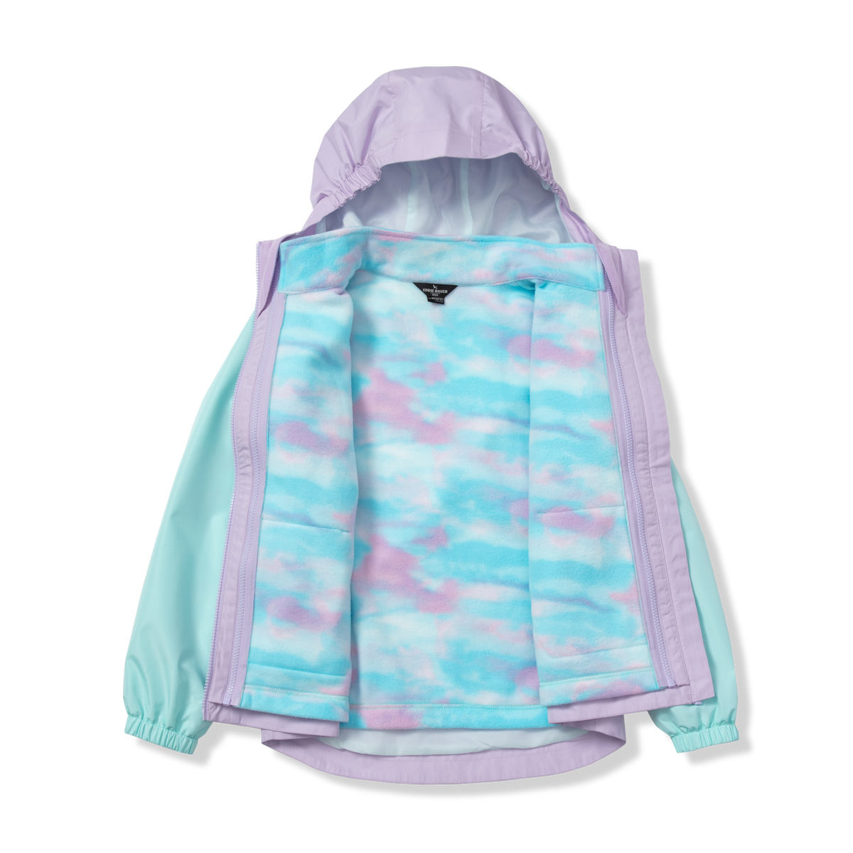 Girls' three-in-one jacket in lavender with turquoise and pink tie-dye interior liner, hood visible.