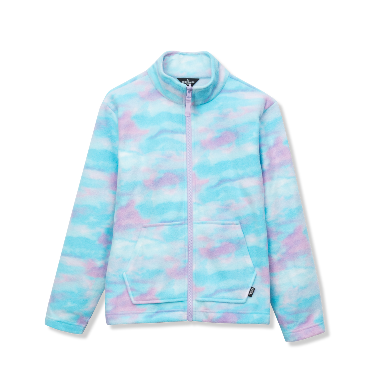 Girls jacket with blue, pink, and white tie-dye pattern, full front zip, and two front pockets.