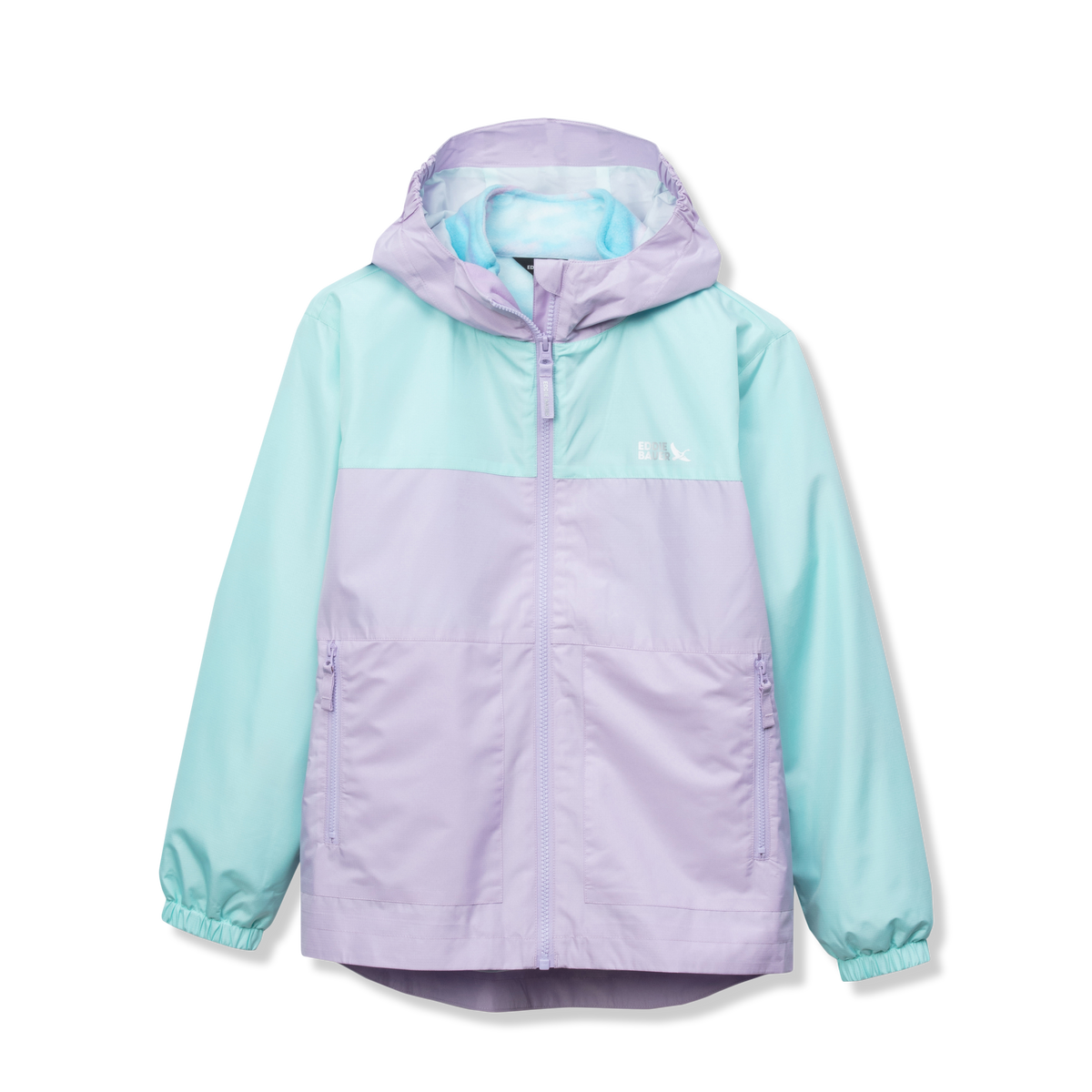 Girls' hooded jacket with mint green and lavender colorblock design and zip front closure.