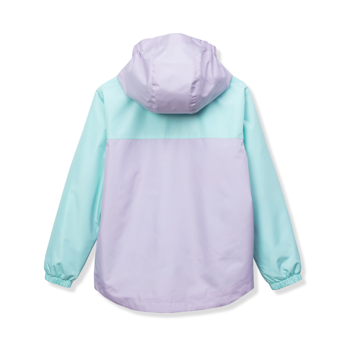 Girls' hooded jacket with lavender and mint colorblock design, shown from back view.