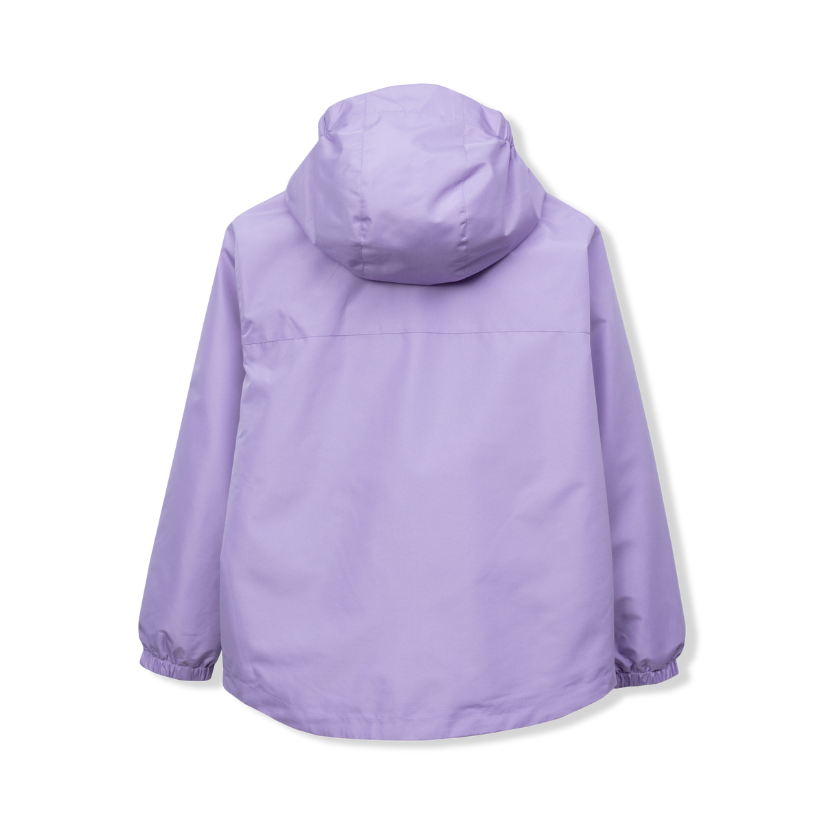 Lavender purple jacket with attached hood and elastic cuffs, shown from back view.