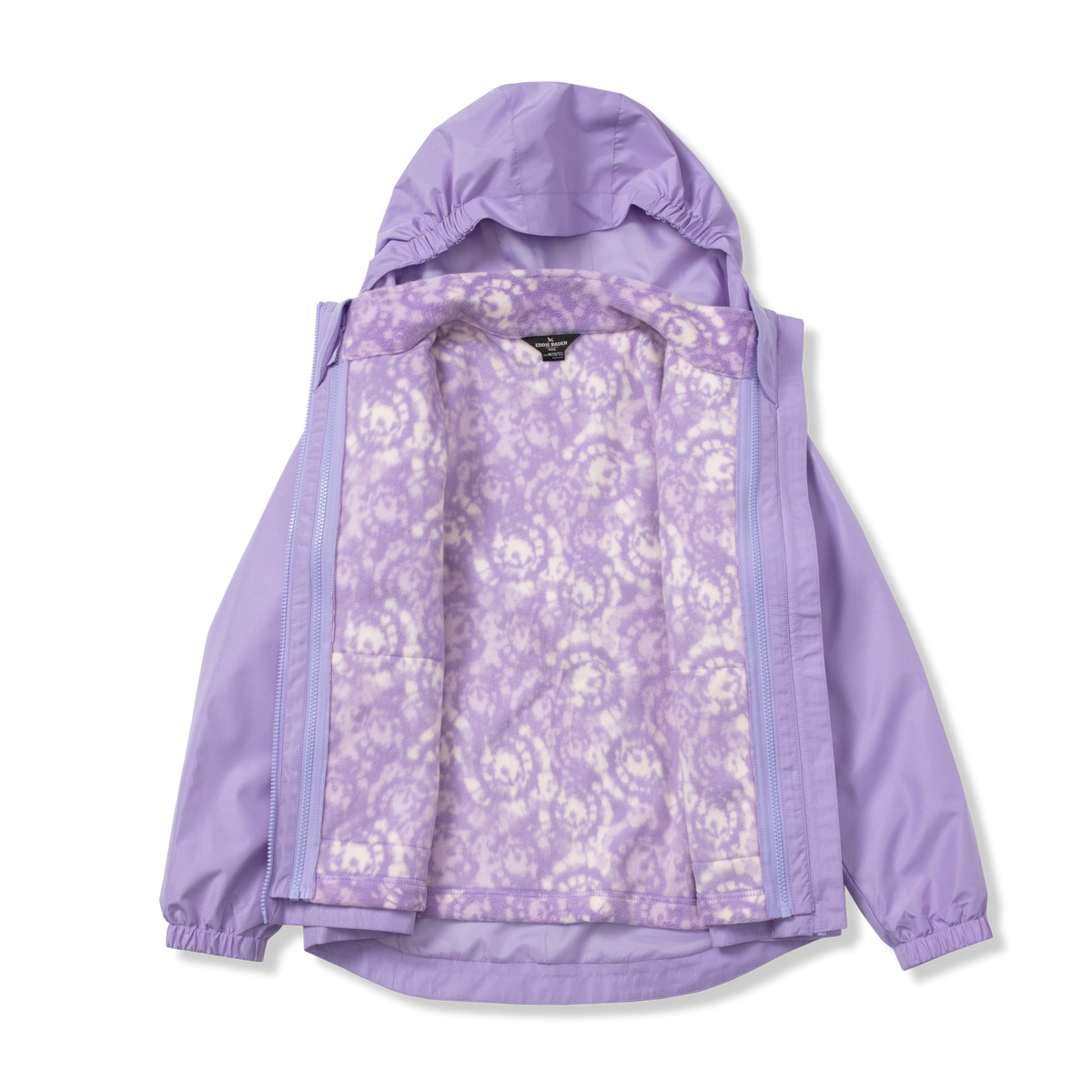 Girls purple jacket with floral patterned lining and removable hood, shown unzipped to display interior.