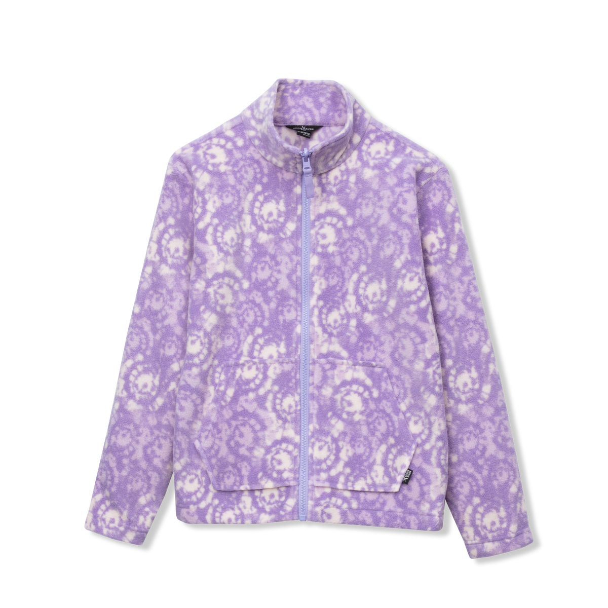 Purple fleece jacket with cream floral pattern and front zip closure.