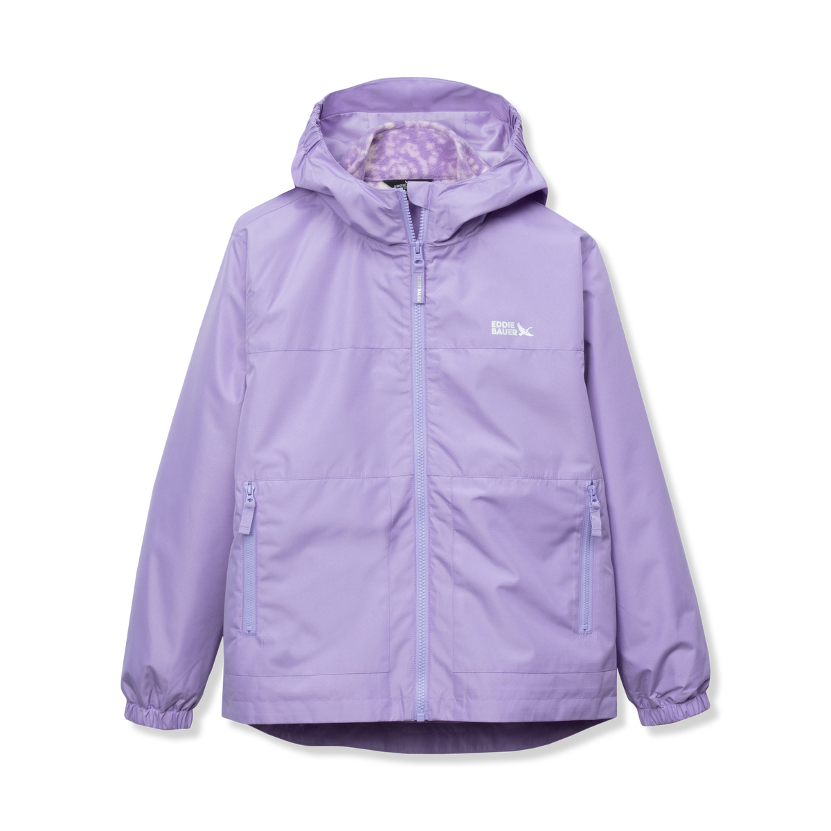 Girls' lavender hooded jacket with zip front, side pockets, and quilted inner lining visible at neckline.