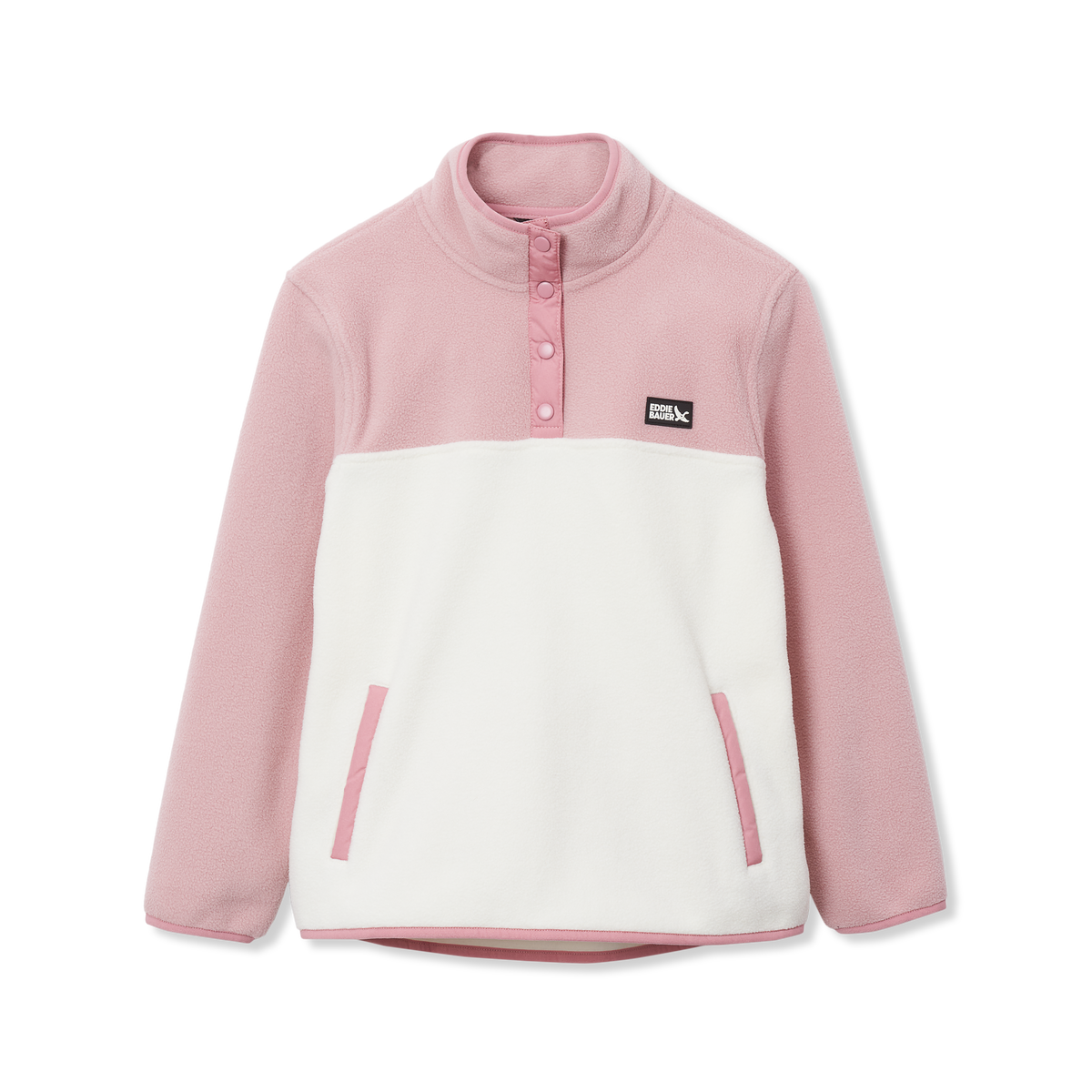 Pink and cream fleece pullover with snap neck closure, kangaroo pockets, and brand logo patch.