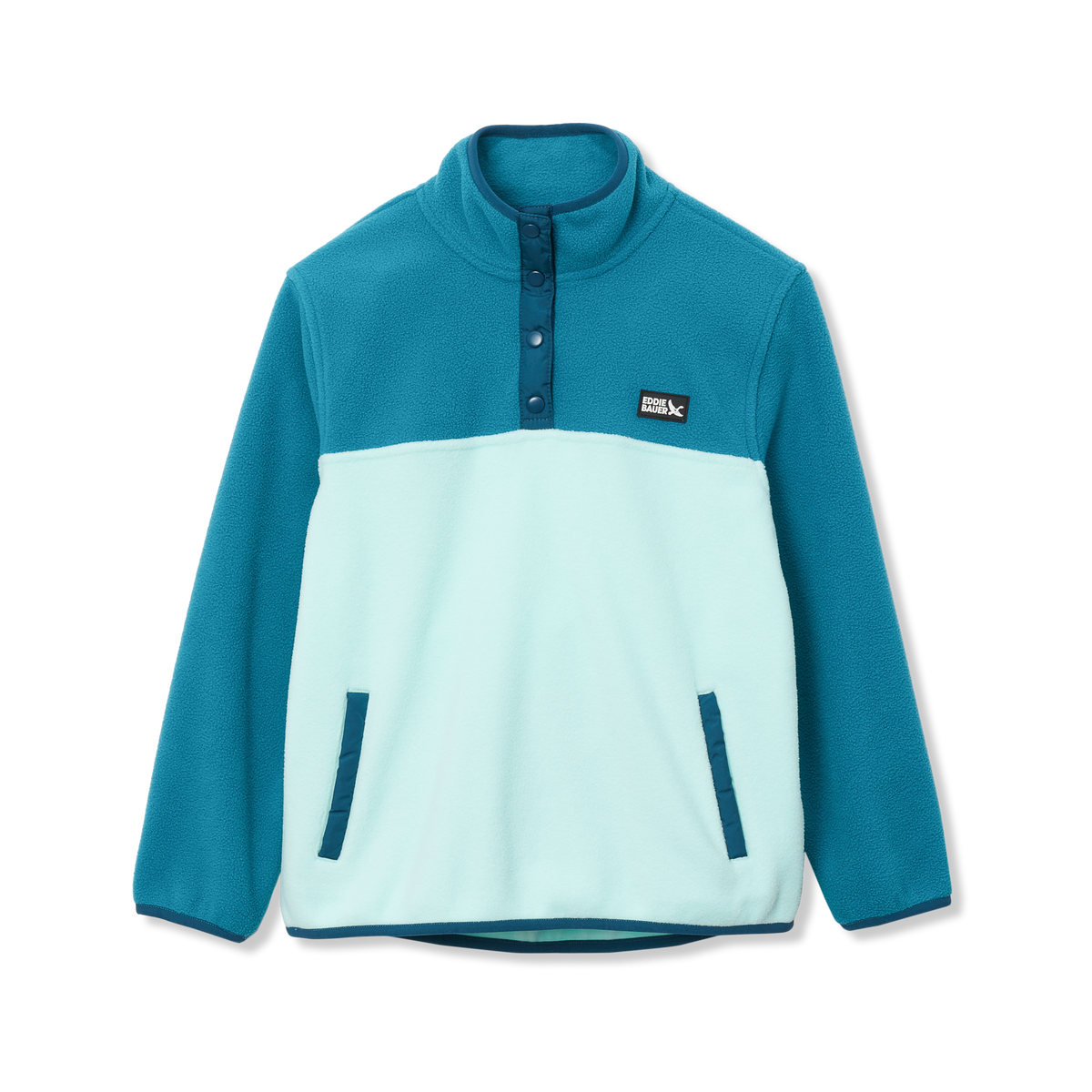 Teal and light blue fleece pullover with snap neck closure and front hand pockets.