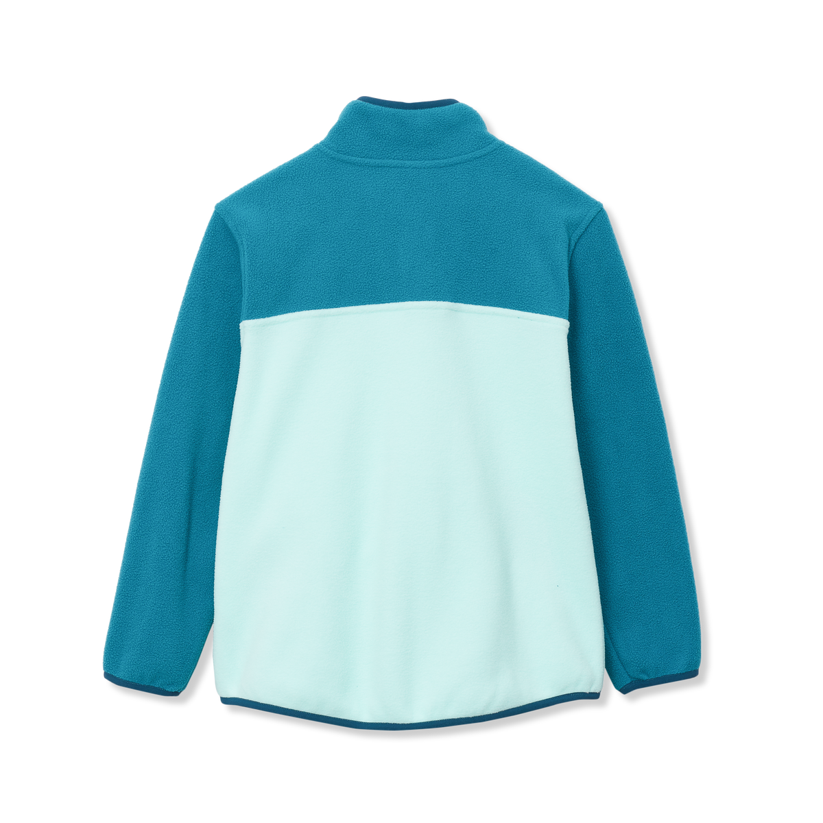 Teal and light blue fleece pullover with snap neck collar and color-block design.