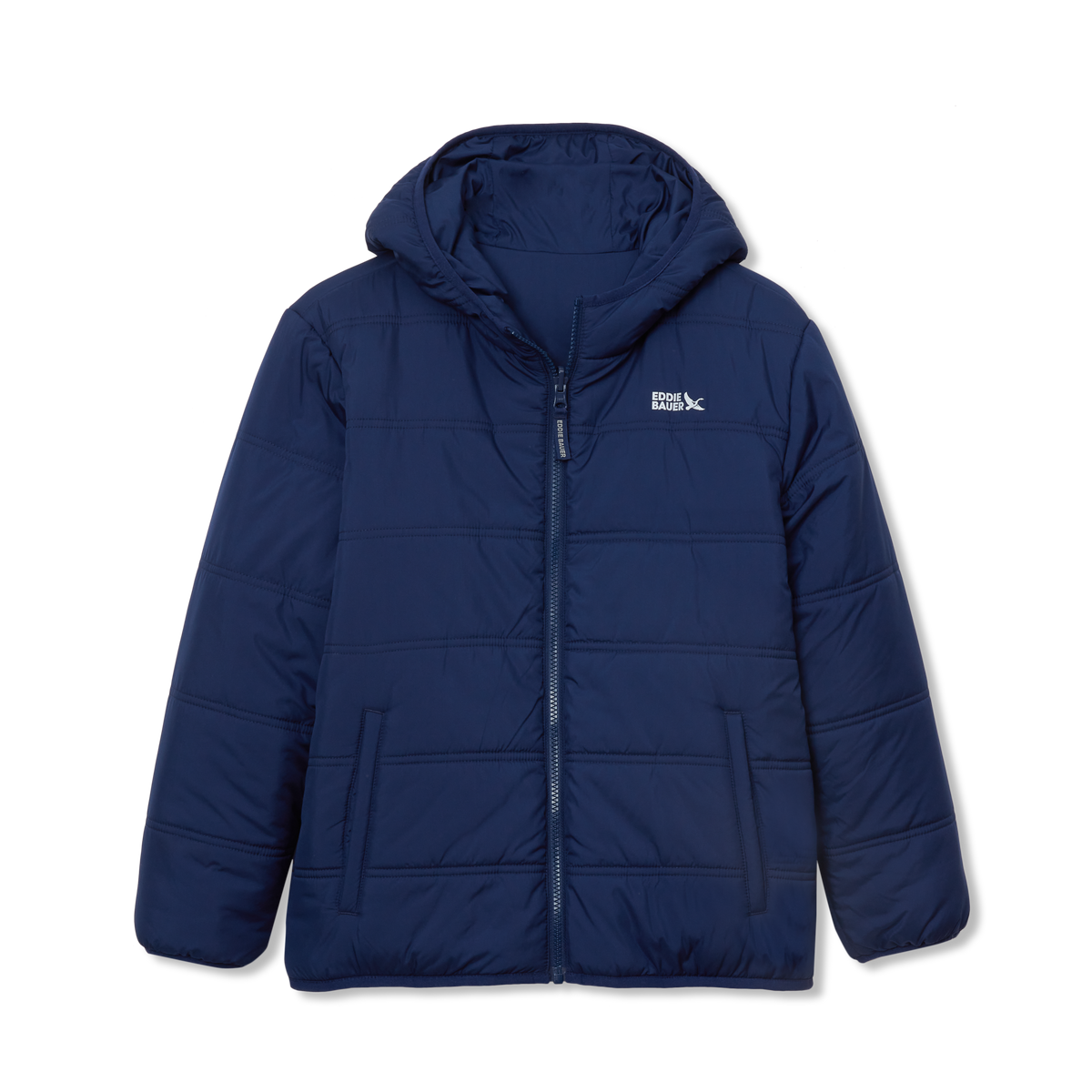 Navy blue puffed hooded jacket with horizontal quilting, front zip closure, and side pockets.