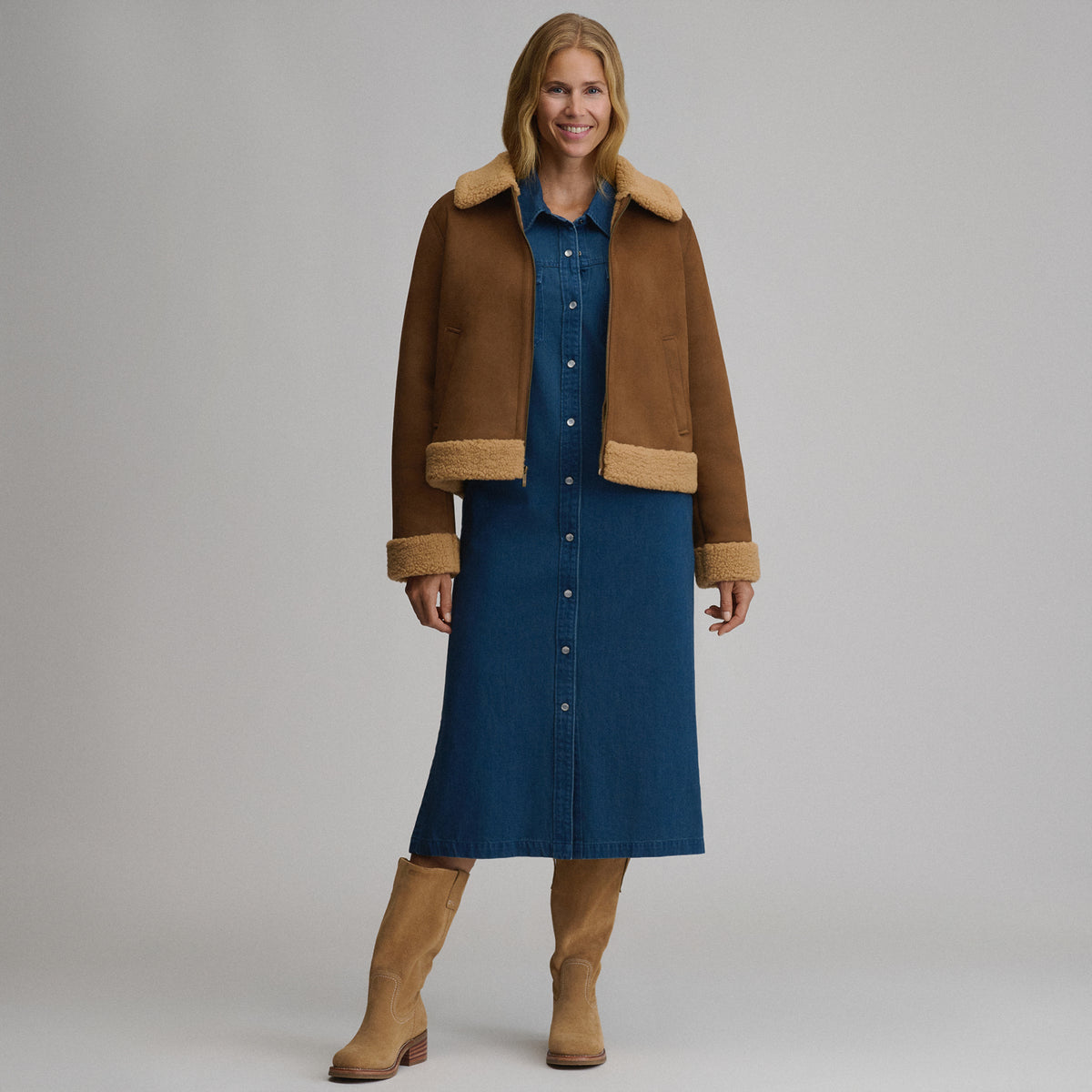 Women's Faux Shearling Jacket-Camel-4