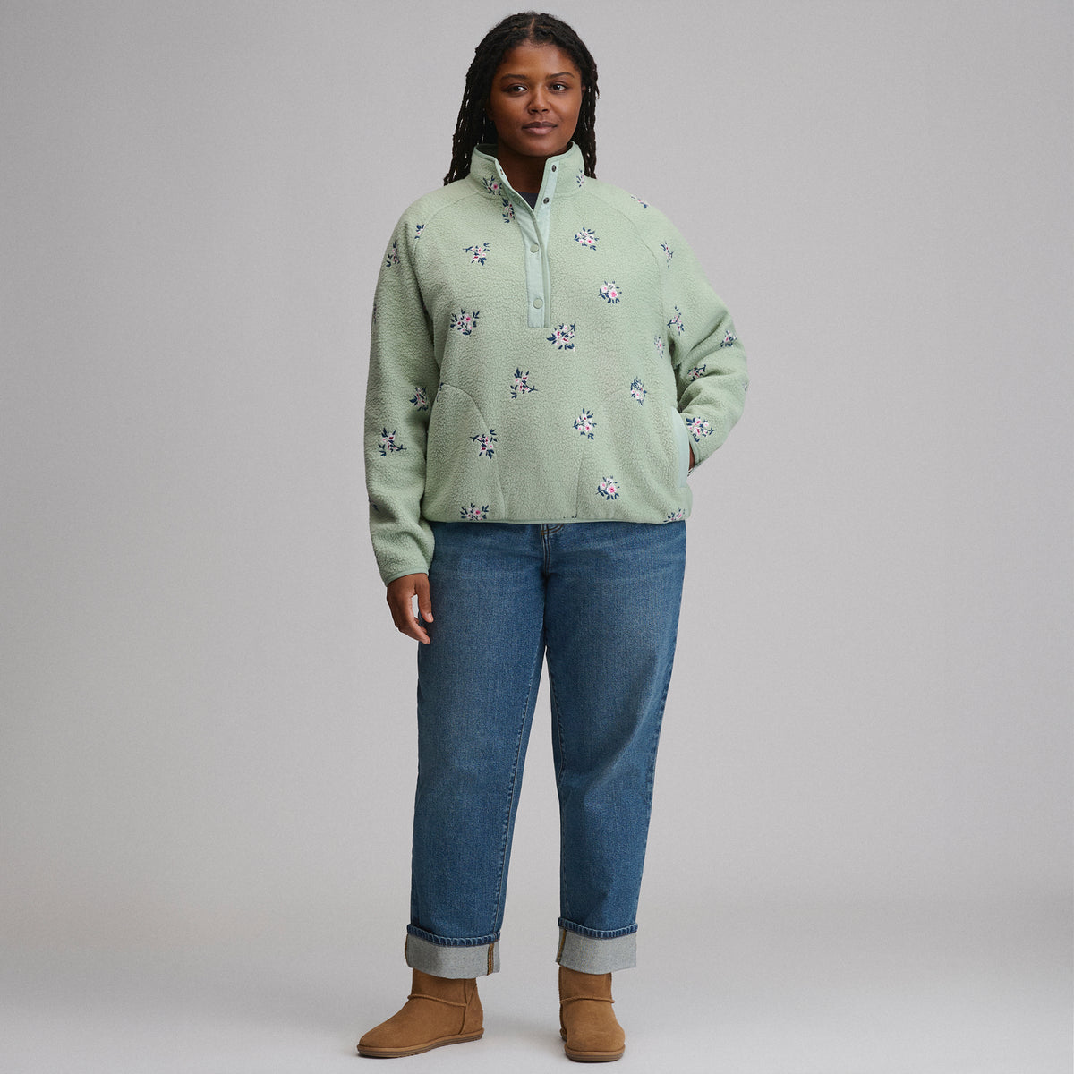 Women's Plush Fleece Snap-Mock Pullover - Embroidered-Limestone-8