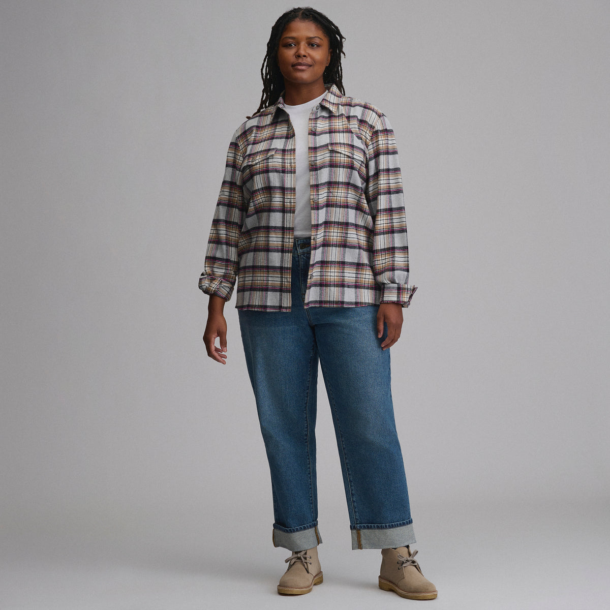 Women's Long-Sleeve Heritage Soft Classic Flannel Shirt-Med Heather Gray-4