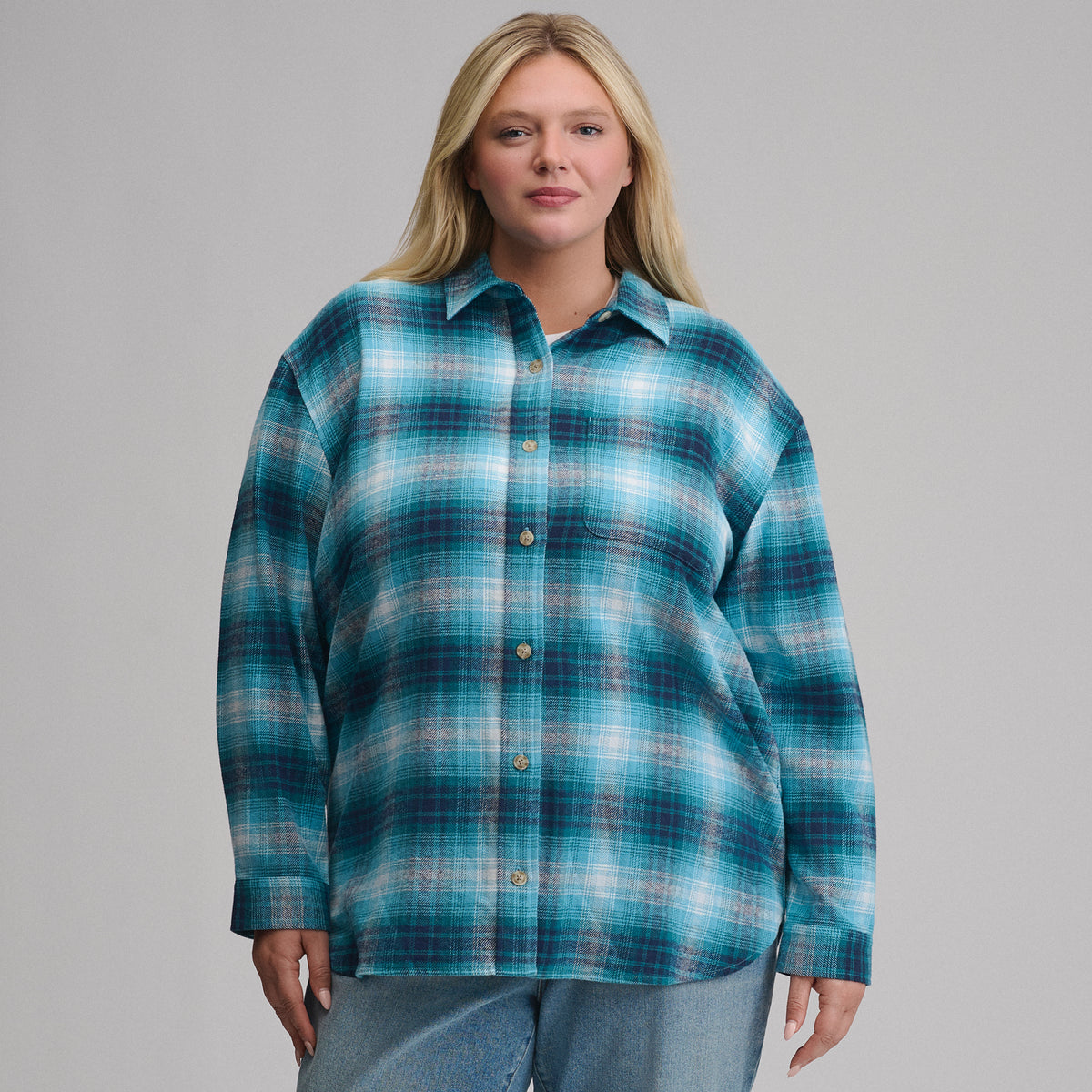 Women's Long-Sleeve Heritage Soft Boyfriend Flannel Shirt-Sea Spray-1