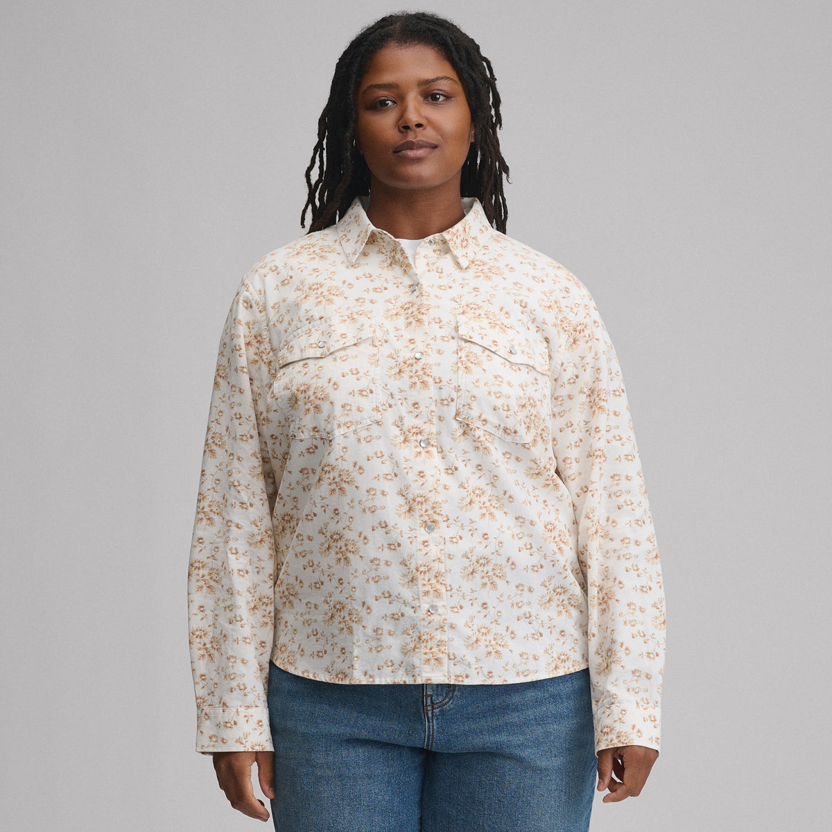 Women's Long-Sleeve Western Button-Down Shirt-Ivory-5