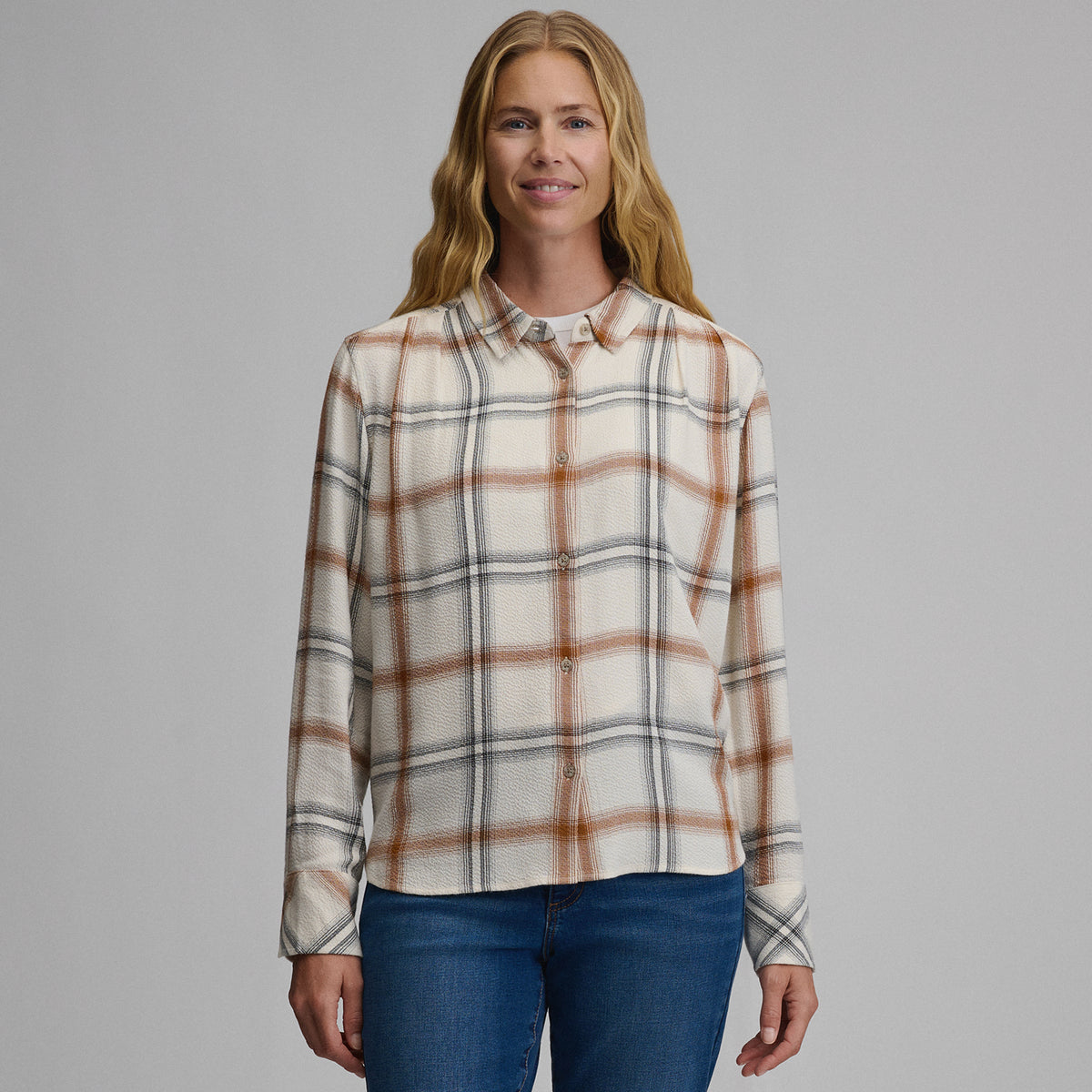 Women's Long-Sleeve Softened Button-Down Shirt-Ivory-13