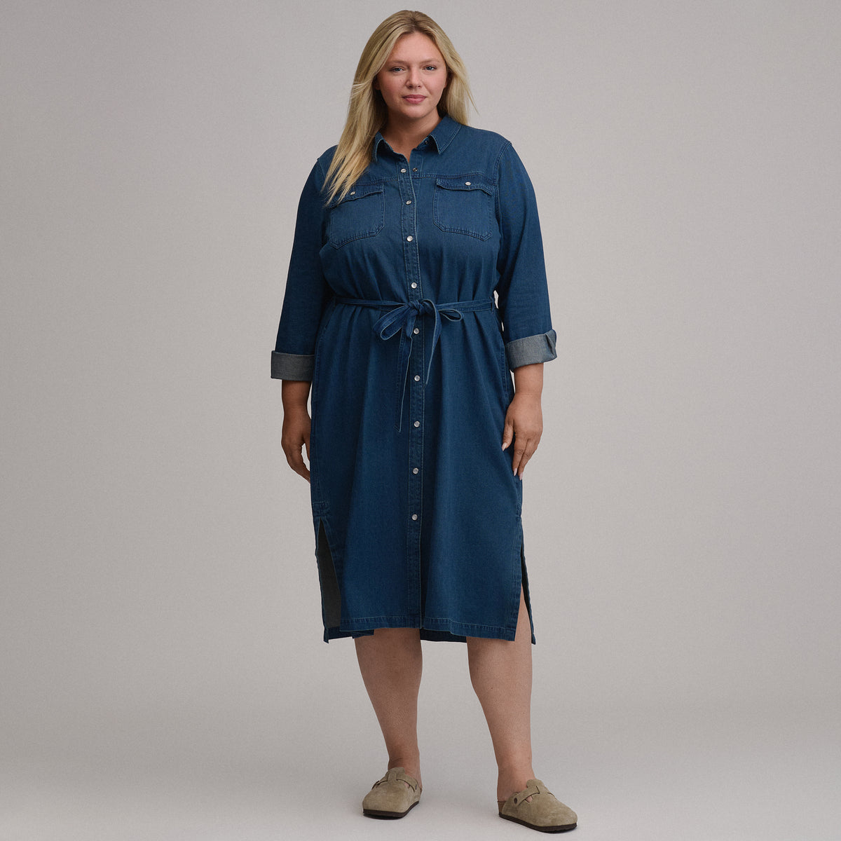 Women's Long-Sleeve Denim Button Front Belted Midi Dress-Dark Denim-8