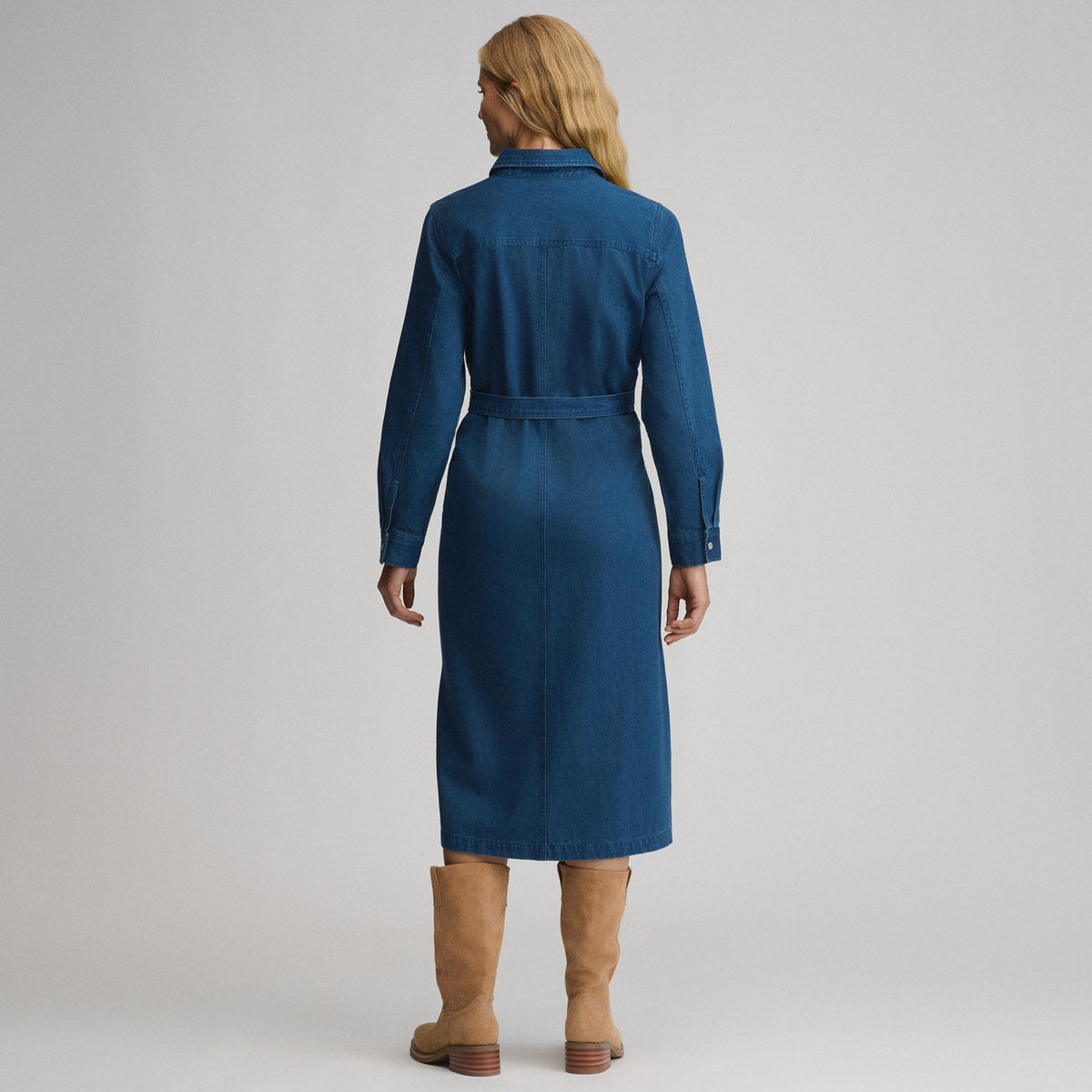 Women's Long-Sleeve Denim Button Front Belted Midi Dress-Dark Denim-4