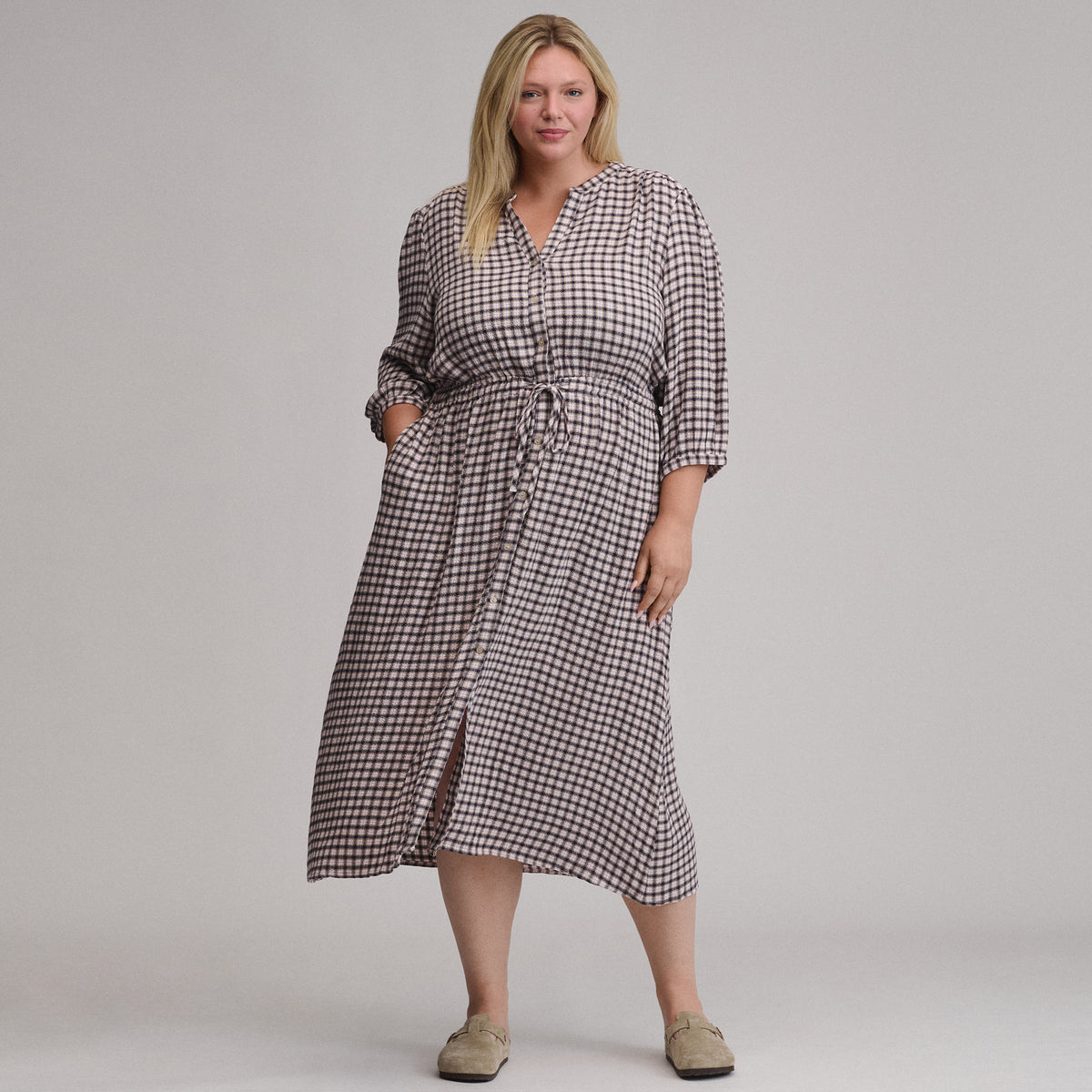 Women's Plaid Button Front Belted Midi Dress-Aubergine-8