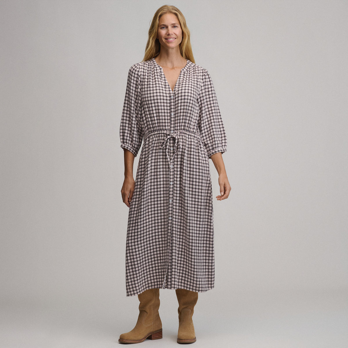 Women's Plaid Button Front Belted Midi Dress-Aubergine-2
