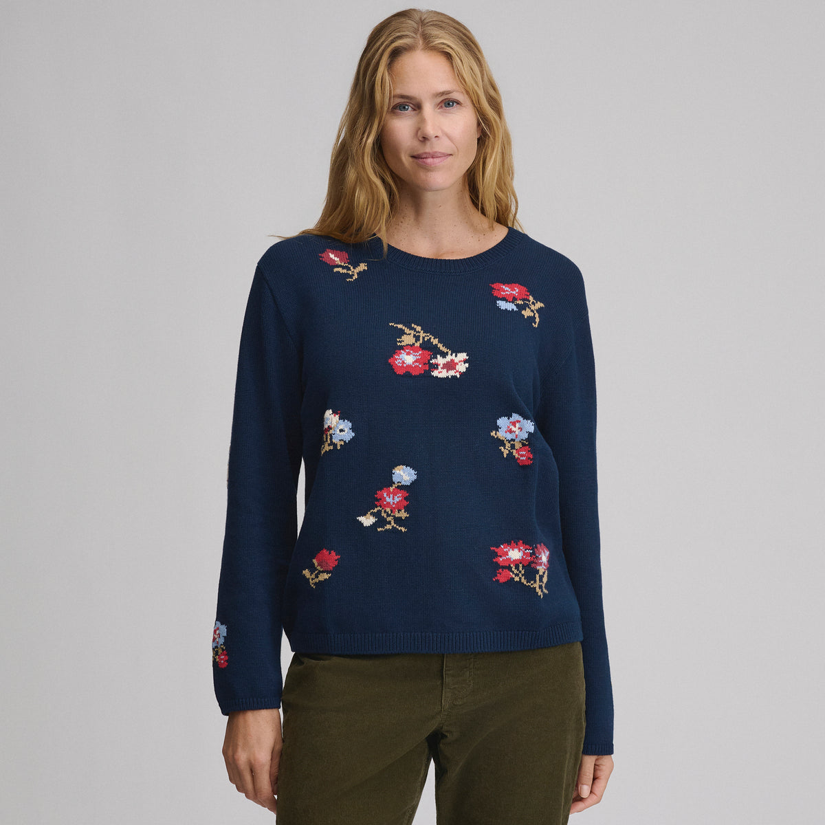Floral Crewneck Sweater-Navy-1