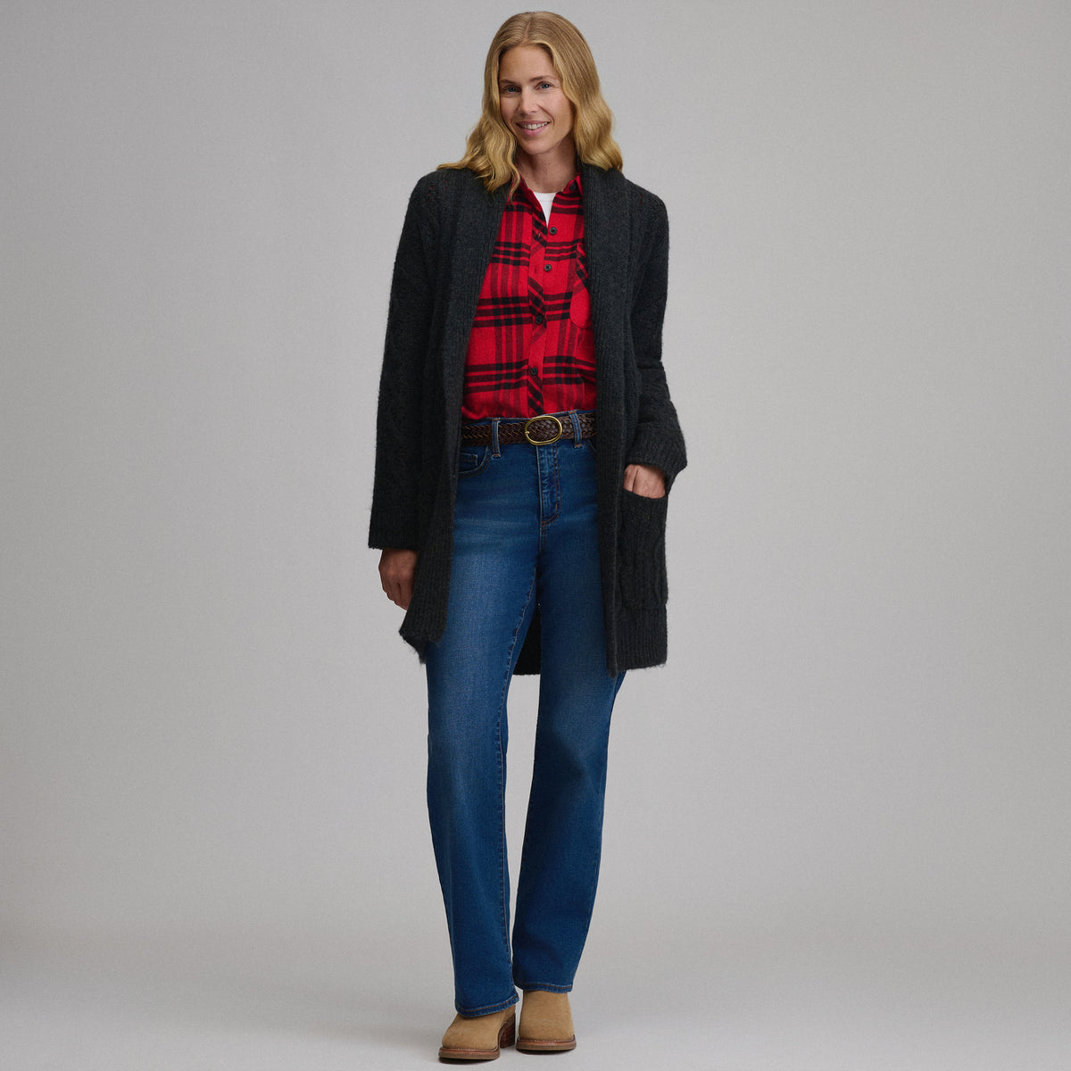 Women's Belted Cable Cardigan Sweater-Black-4