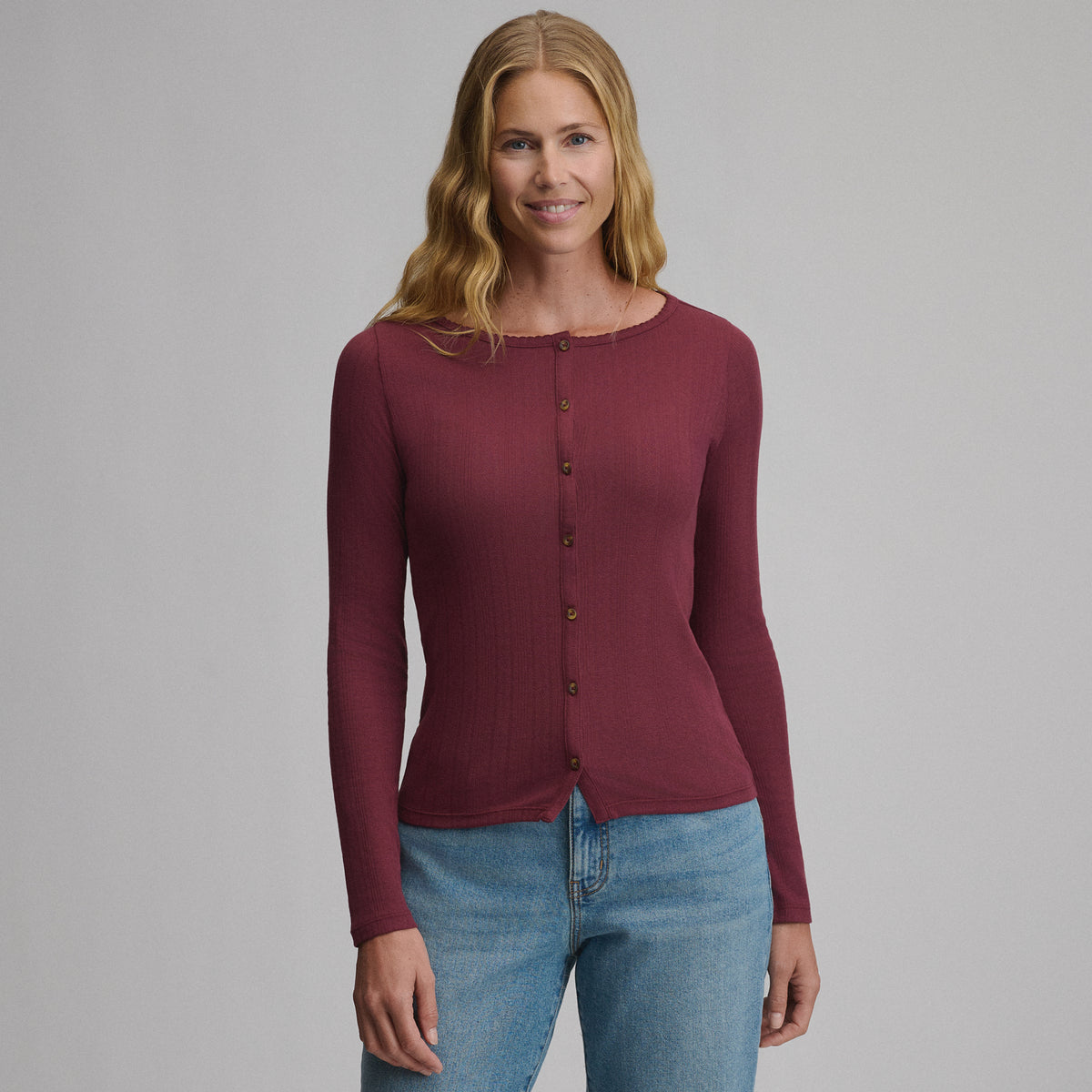 Women's Long-Sleeve Pointelle Button Front Top-Dk Lava-5