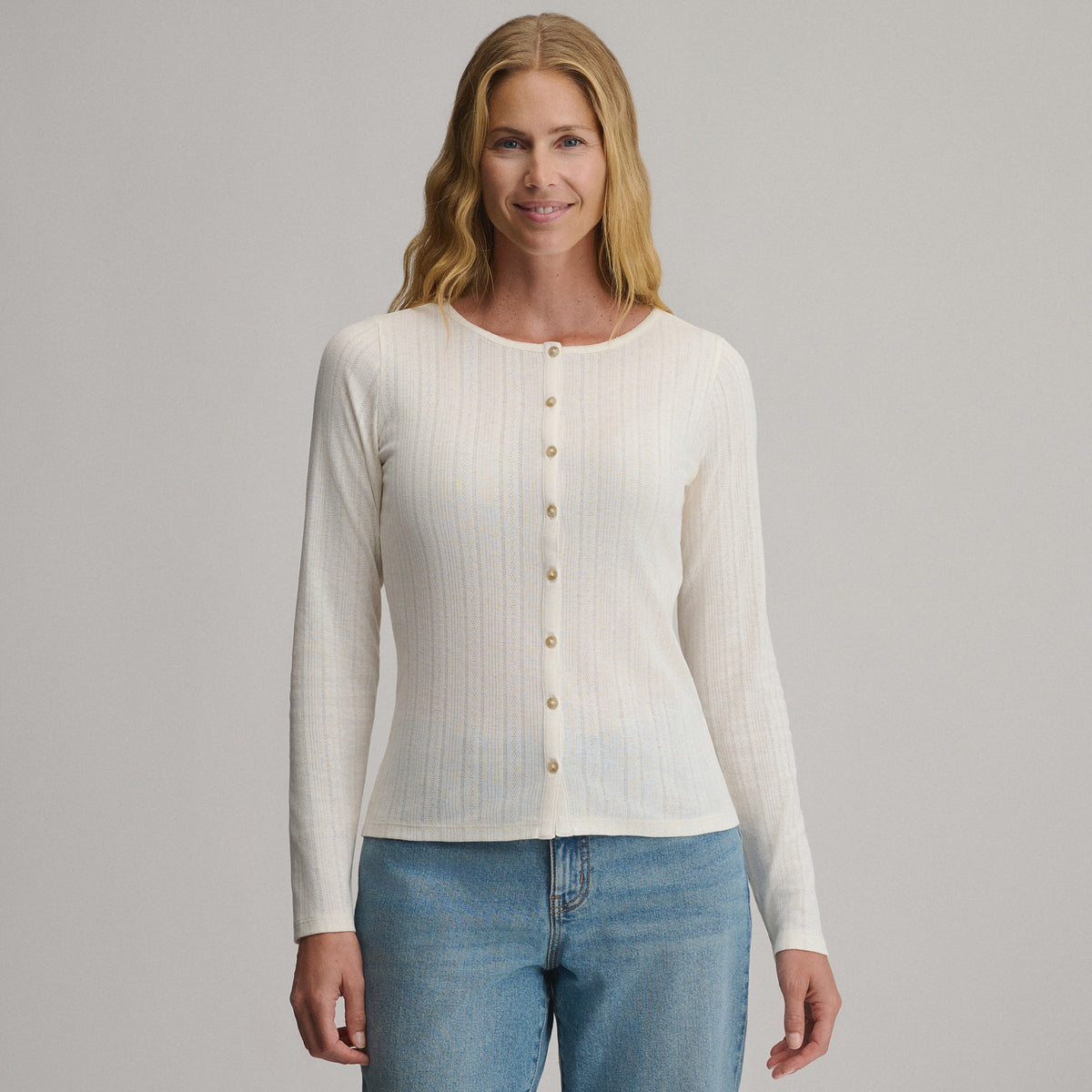 Women's Long-Sleeve Pointelle Button Front Top-Ivory-9