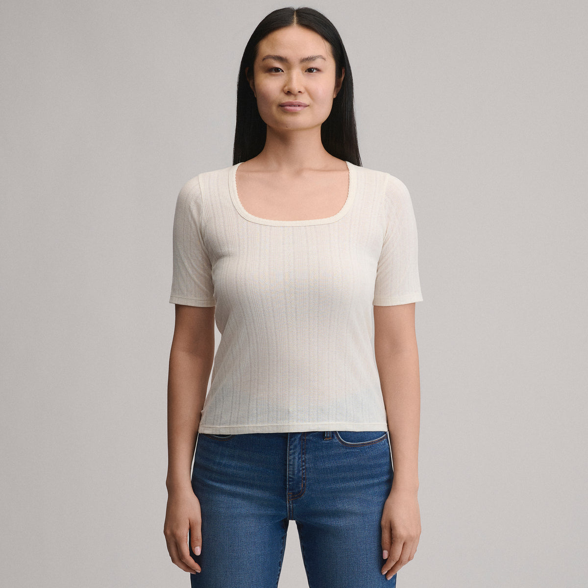 Pointelle Square Neck SS-Ivory-9