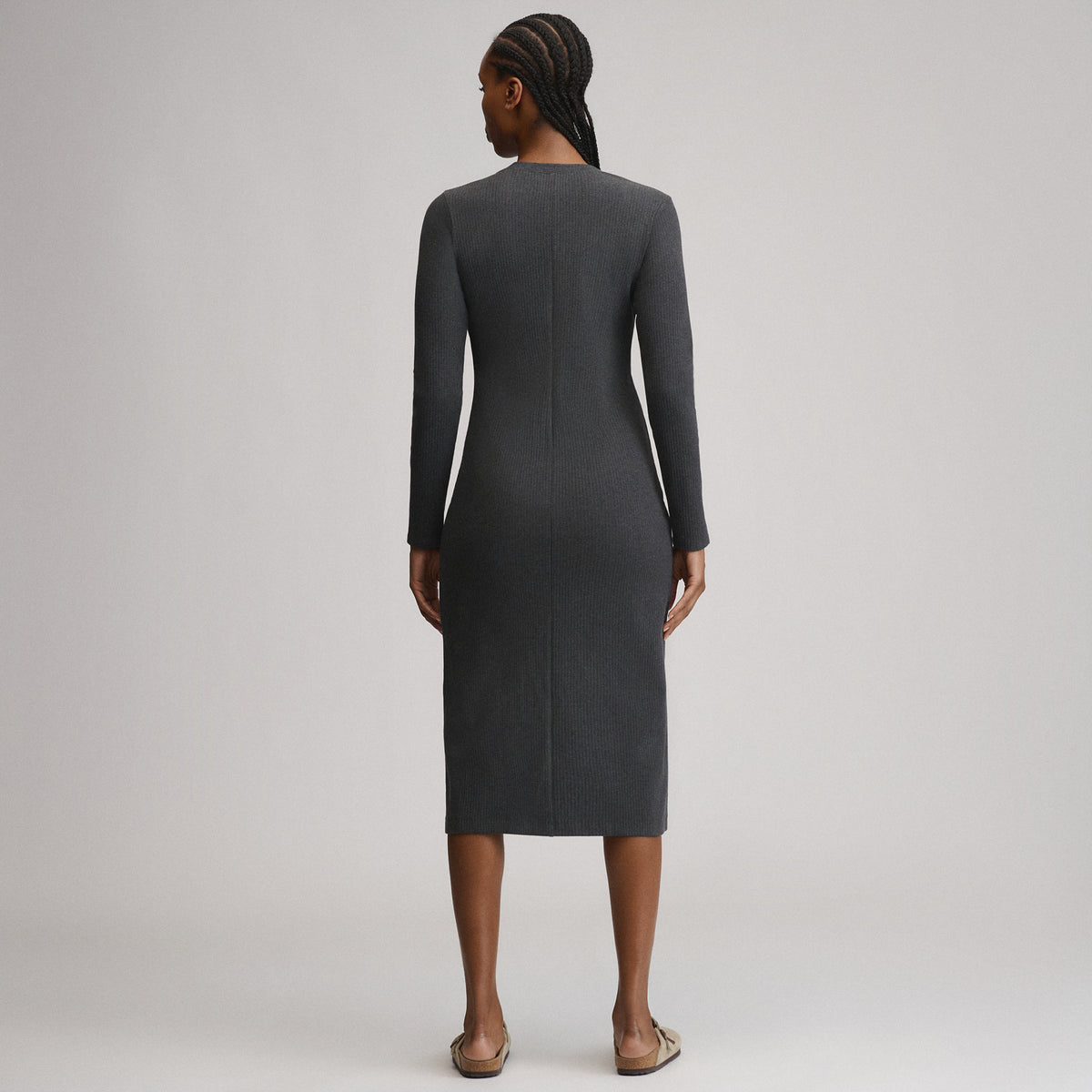 Women's Long-Sleeve Button Front Ribbed Knit Midi Dress-Charcoal-2