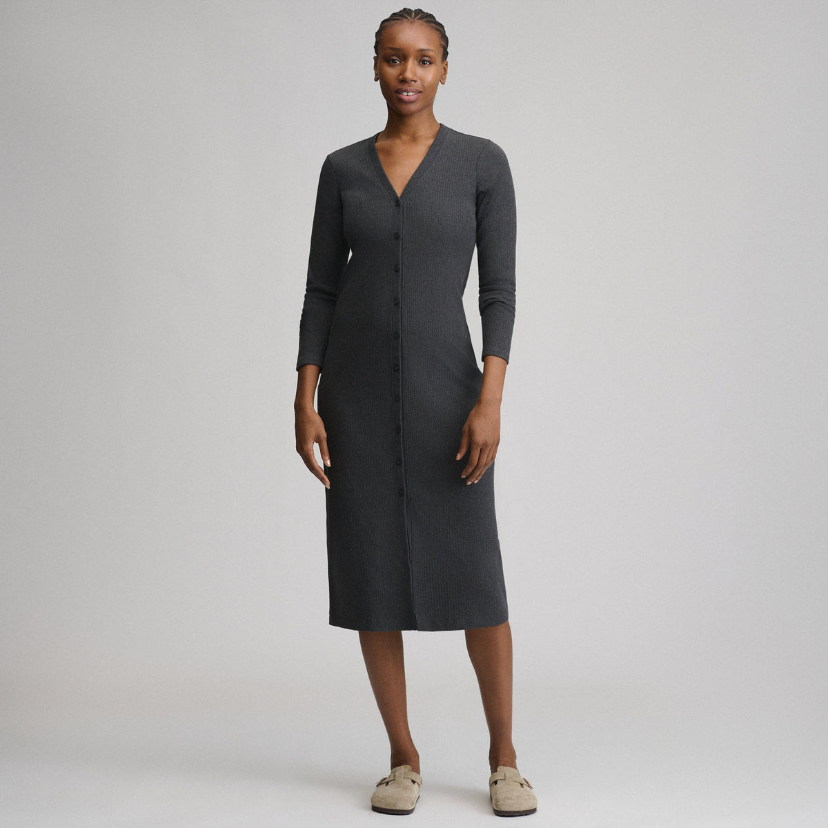 Women's Long-Sleeve Button Front Ribbed Knit Midi Dress-Charcoal-4