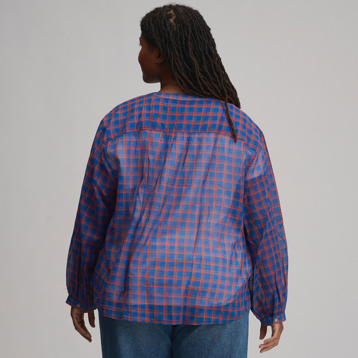 Women's Long-Sleeve Collarless Button-Down Shirt-Royal-2