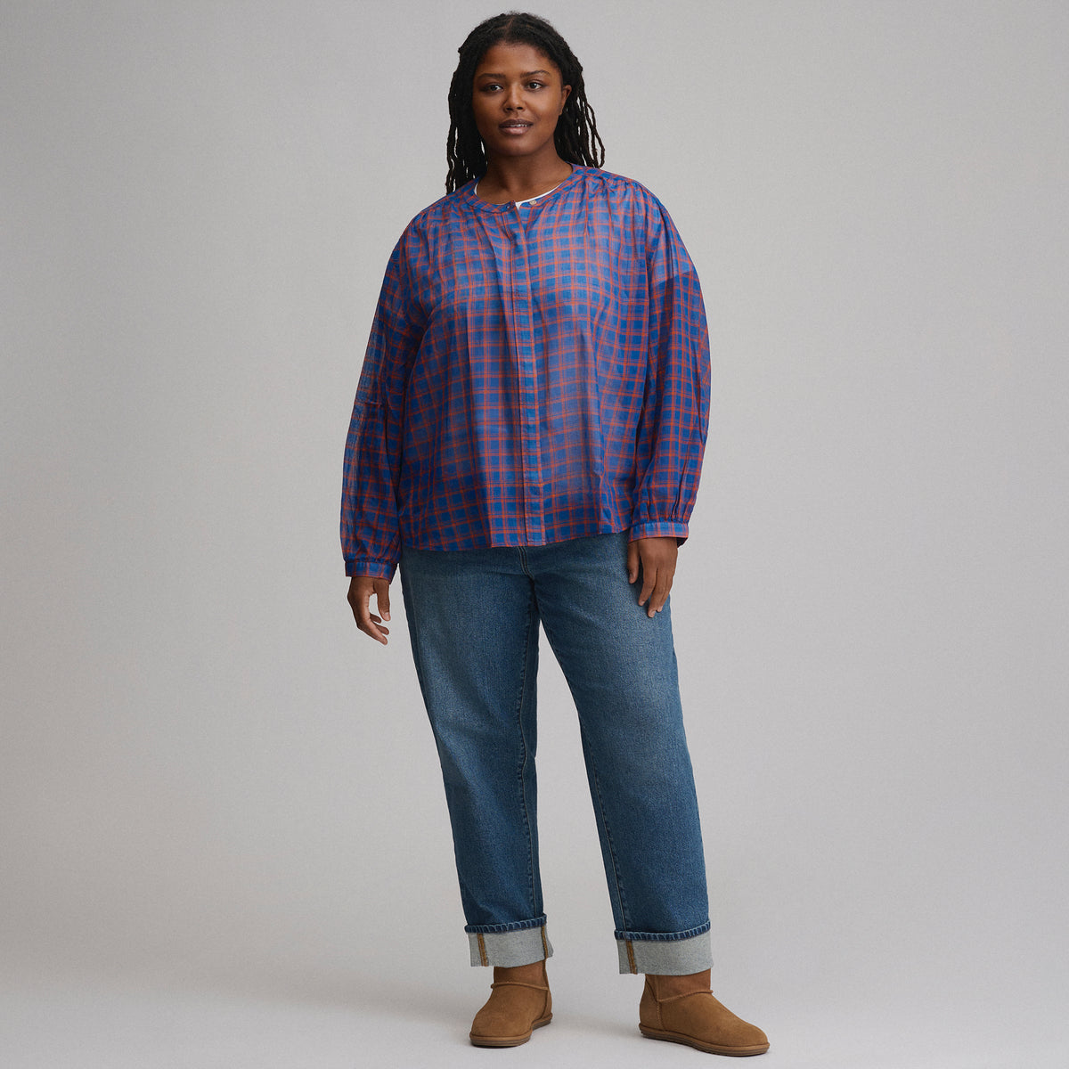 Women's Long-Sleeve Collarless Button-Down Shirt-Royal-4