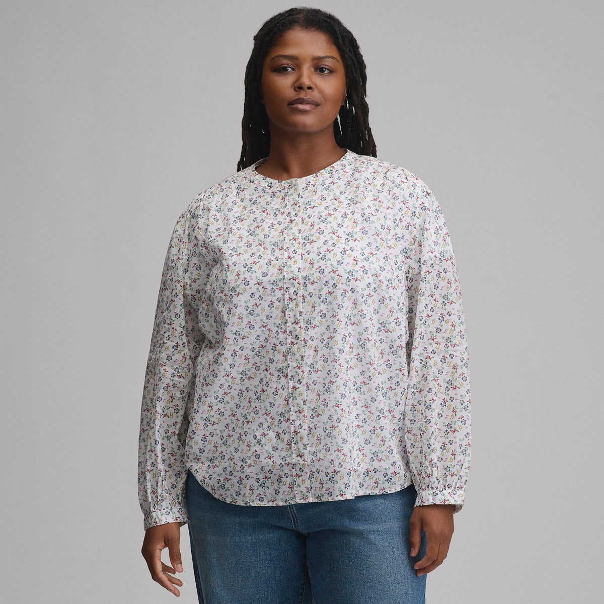 Women's Long-Sleeve Collarless Button-Down Shirt-Ivory-9
