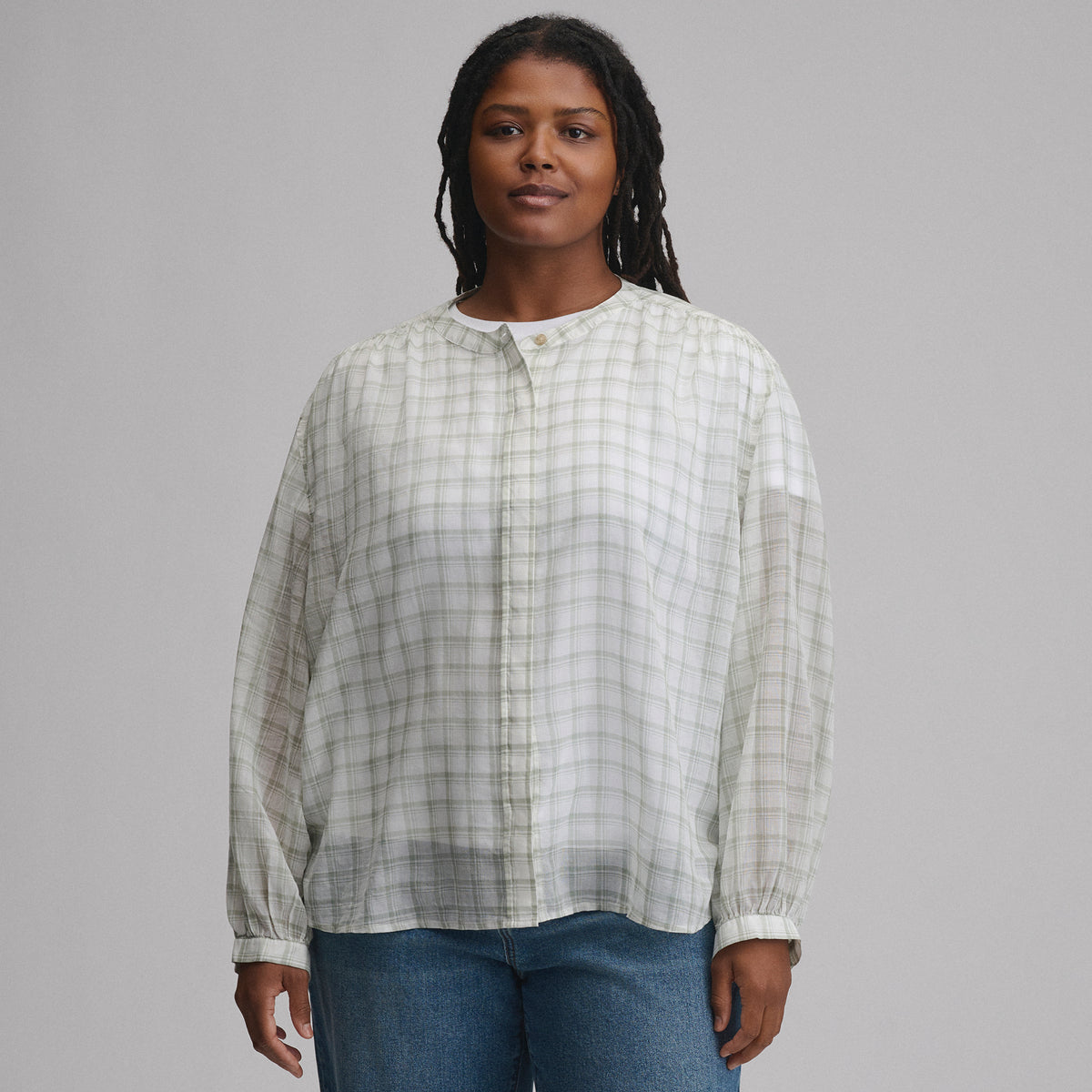 Women's Long-Sleeve Collarless Button-Down Shirt-Sage-17