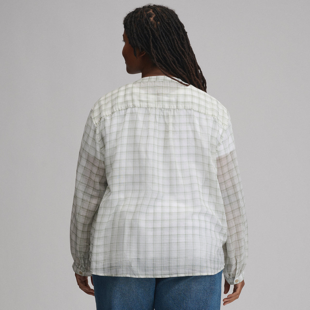 Women's Long-Sleeve Collarless Button-Down Shirt-Sage-18