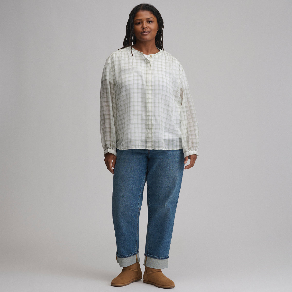 Women's Long-Sleeve Collarless Button-Down Shirt-Sage-20