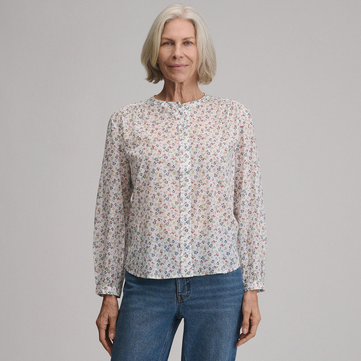 Women's Long-Sleeve Collarless Button-Down Shirt-Ivory-10
