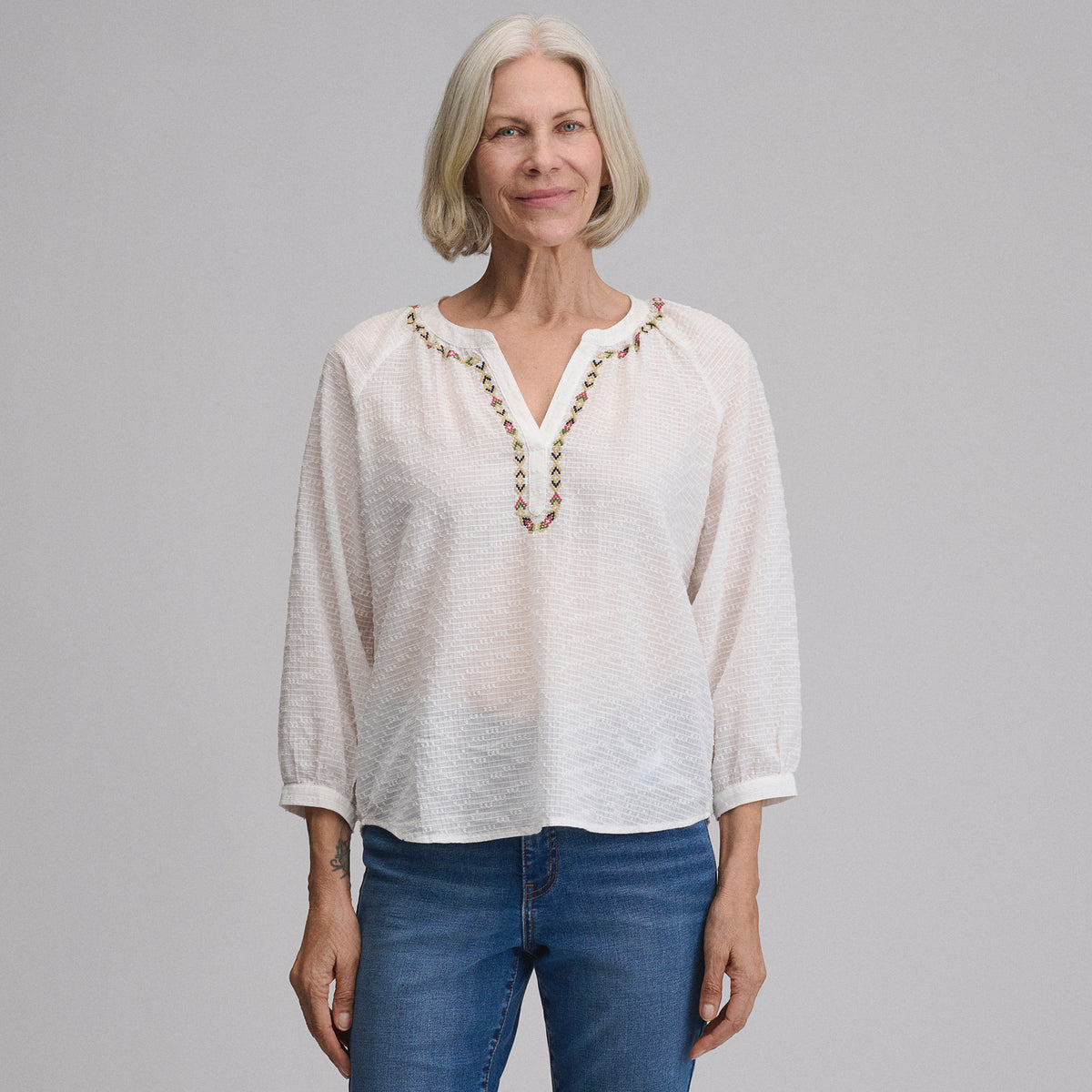 Splitneck Popover Blouse-Ivory-5