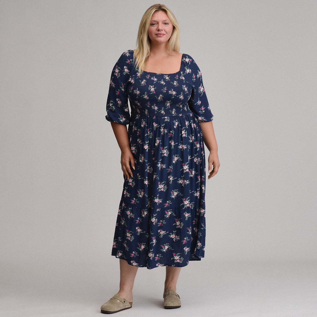 Women's Printed 3/4 Sleeve Smocked Bodice Dress-Brook-1