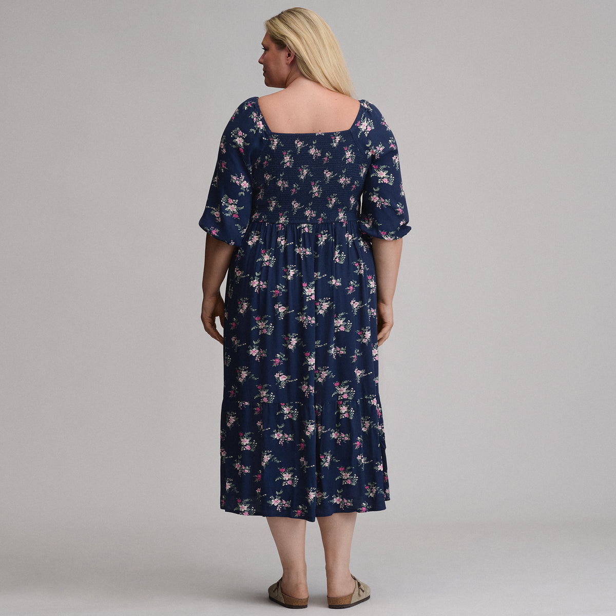 Women's Printed 3/4 Sleeve Smocked Bodice Dress-Brook-3