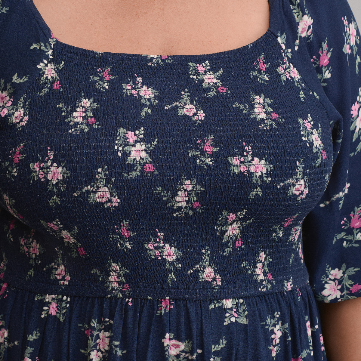 Women's Printed 3/4 Sleeve Smocked Bodice Dress-Brook-5