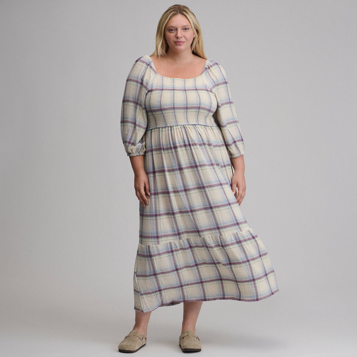 Women's Plaid 3/4 Sleeve Smocked Bodice Dress-Shell-1