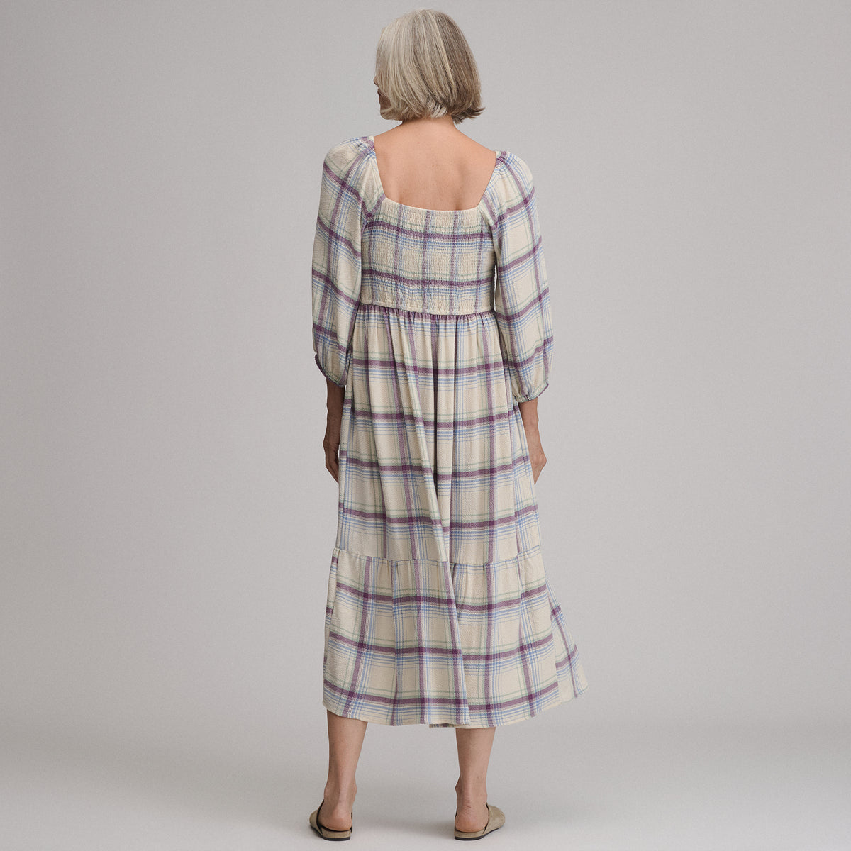 Women's Plaid 3/4 Sleeve Smocked Bodice Dress-Shell-4