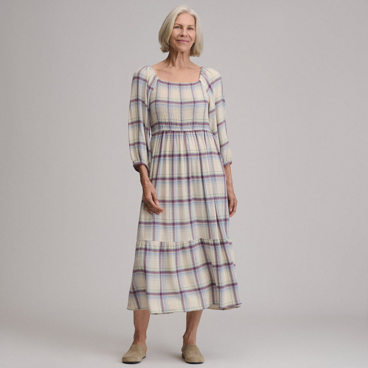 Women's Plaid 3/4 Sleeve Smocked Bodice Dress-Shell-7