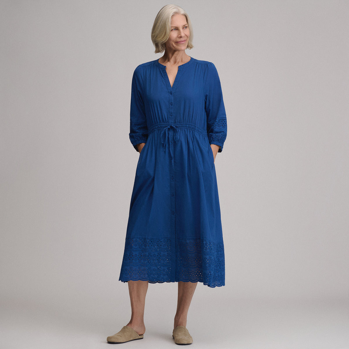 Women's 3/4 Sleeve Eyelet Button Front Belted Dress-Royal-4