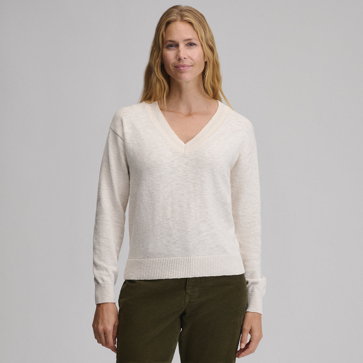 Everyday Vneck Sweater  Tipped Collar-Heather Oatmeal-5