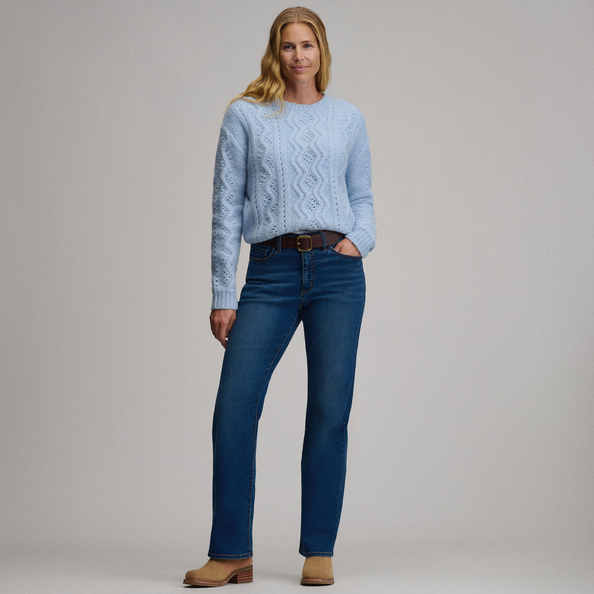 Women's Open Stitch Cable Crew Sweater-Ice-8