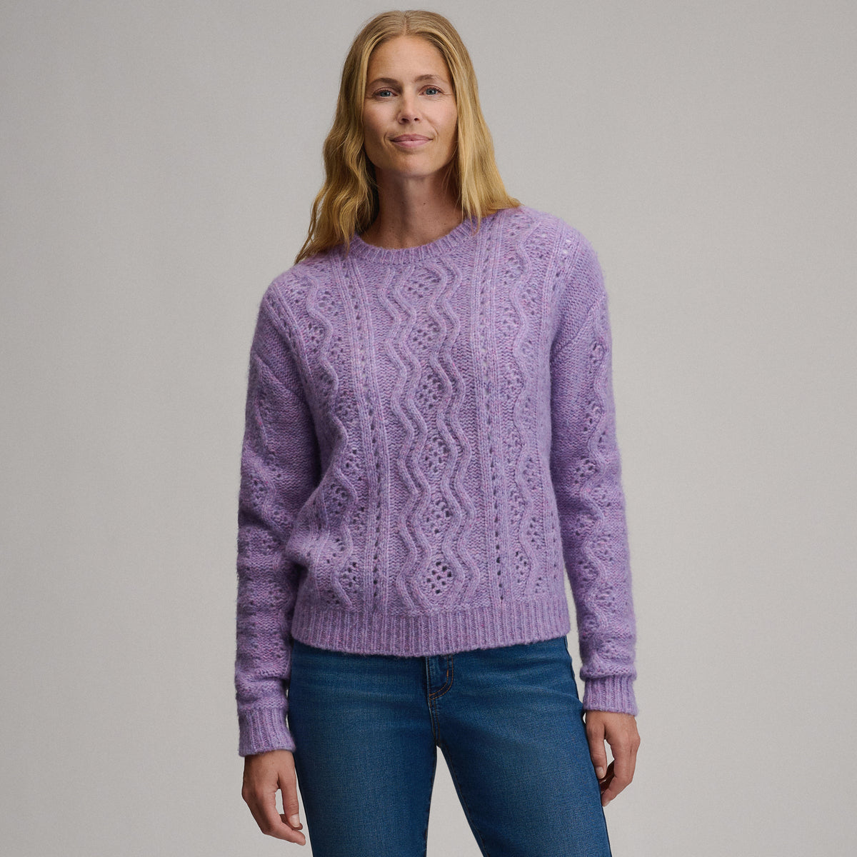 Women's Open Stitch Cable Crew Sweater-Sugar Plum-13