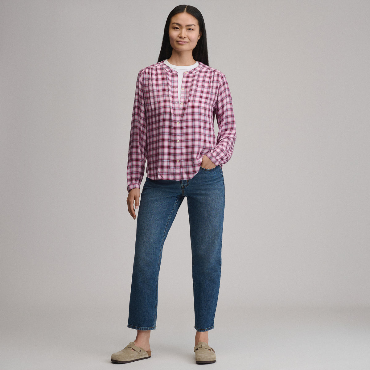 Women's Long-Sleeve Collarless Drapey Plaid Button-Down Shirt-Blush-4