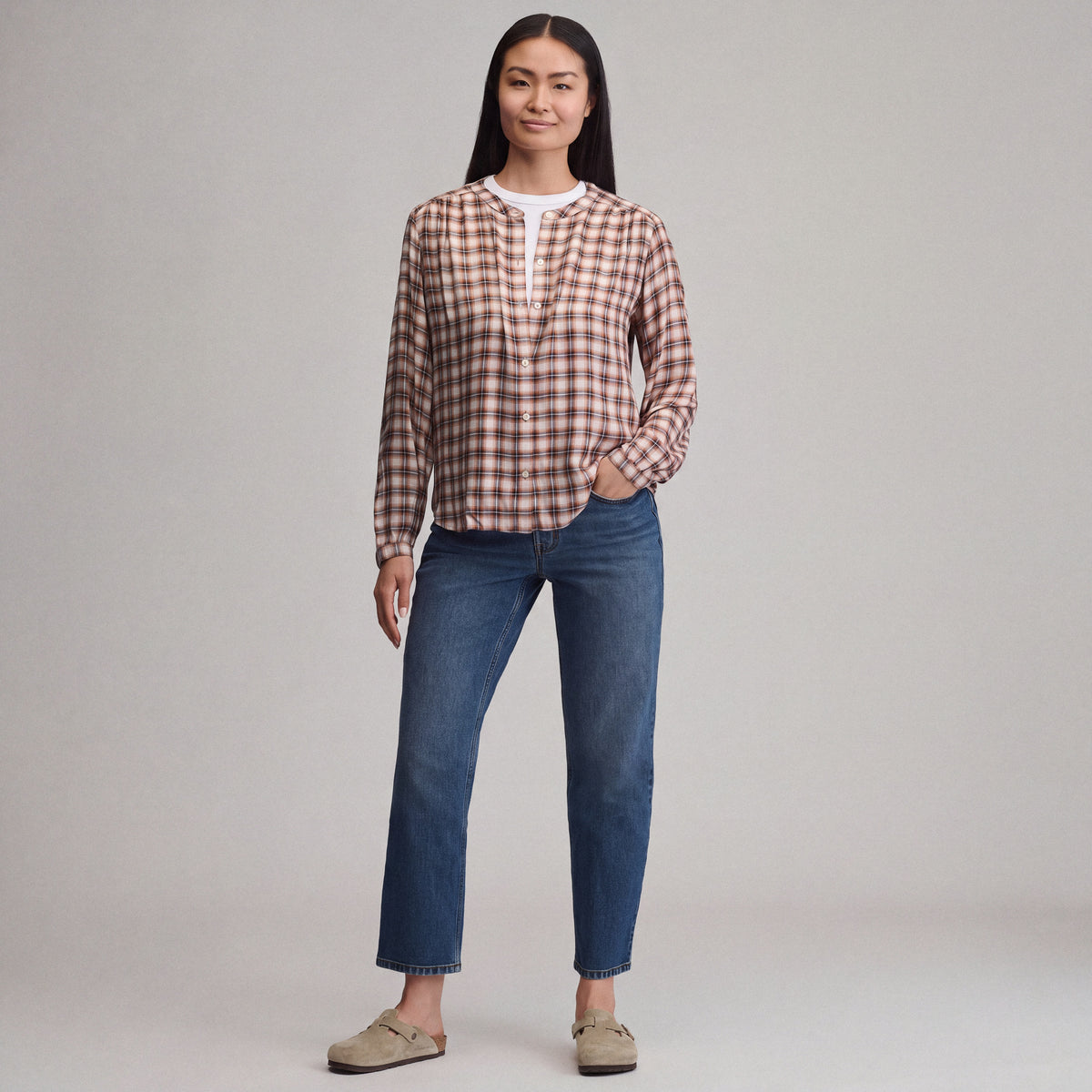 Women's Long-Sleeve Collarless Drapey Plaid Button-Down Shirt-Cedar-4